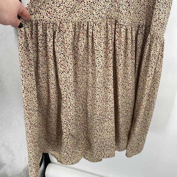 Sweet Baby Jamie Ditsy Shirt Dress Women Size XS Tan Blue Speckled Tiered Ruched - Picture 2 of 13